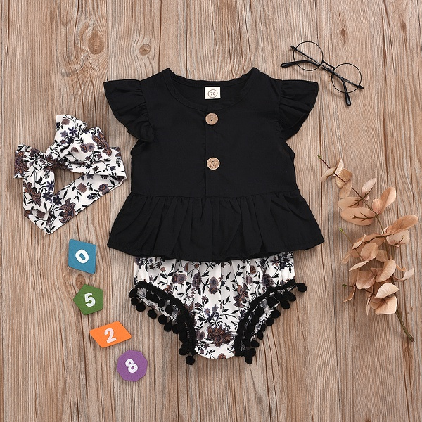 by Casual Solid Flare-sleeve Top and Floral Shorts Set