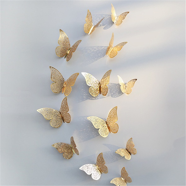 12-piece 3D Hollow out Butterfly Design Wall Sticker Decoration living room window Home Decor Gold silver