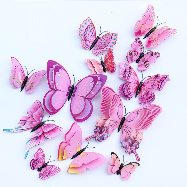 12 Pcs Double Layer Flexible Butterfly Wall Decor-Pink