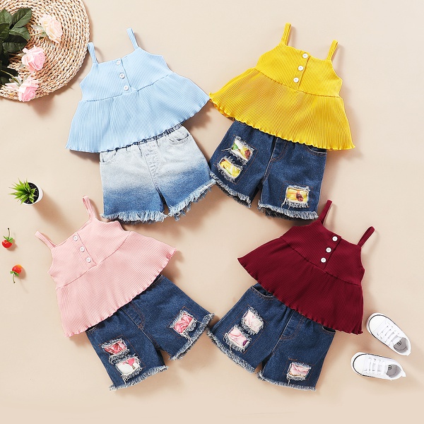 Baby Girl Sweet Solid Tank Top and Denim Ripped Shorts Set