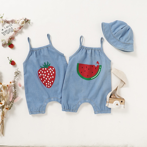 Baby Denim Fruit Print Strappy Bodysuits with Hat
