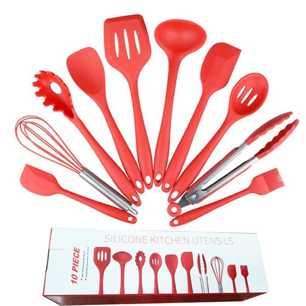 10 Pack Stainless Steel Silicone Kitchen Utensils Set Spatula Salad Tongs