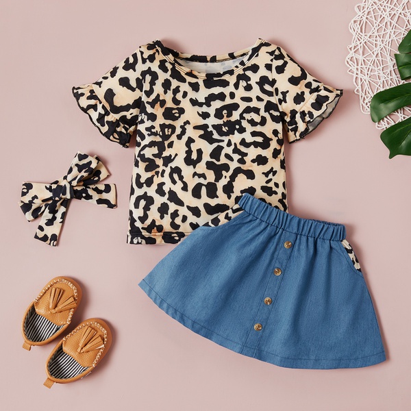 Baby Leopard Top and Denim Skirt Set with Headband