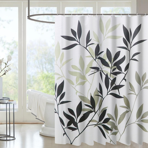 Leaves Print Design Waterproof Mildew Resistant Shower Curtain with Hooks