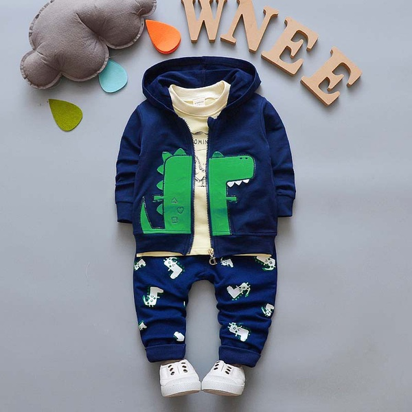 3-piece Baby / Toddler Lovely Dino Print Hooded Coat and Long-sleeve Tee with Pants Sets