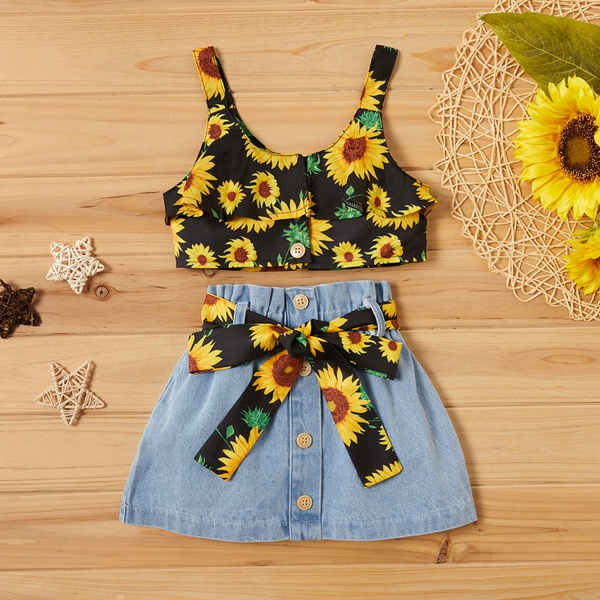 Baby Fashionable Sunflower Tank Top and Denim Skirt Set