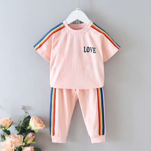 2-piece Baby / Toddler Girl Stylish Colorblock Rainbow Tee and Pants Sets