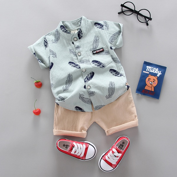 2-piece Baby / Toddler Boy Stylish Feather Print Shirt and Solid Shorts Sets