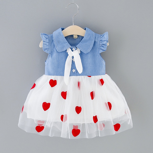 Baby Doll Collar Heart Embroidered Denim Splice Dresses