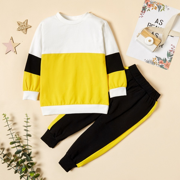 2-piece Baby / Toddler Boy Colorblock Splice Long-sleeve Pullover and Striped Pants Set