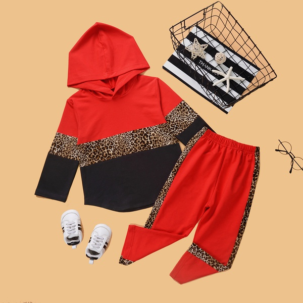 2-piece Baby / Toddler Leopard Pattern Hoodie and Colorblock Pants Set