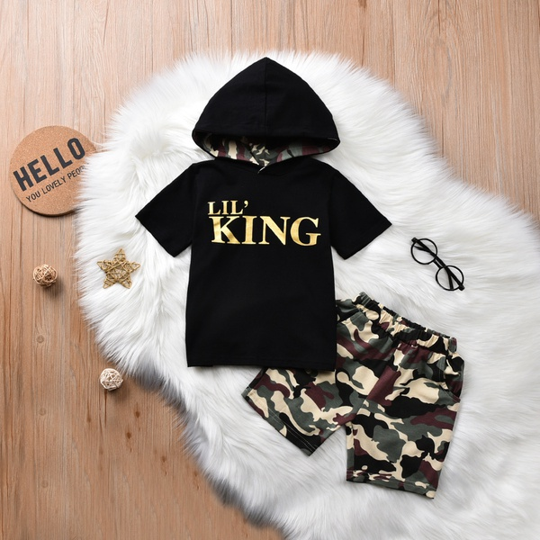 2-piece Baby / Toddler Boy Letter Print Hooded Top and Camouflage Shorts Set