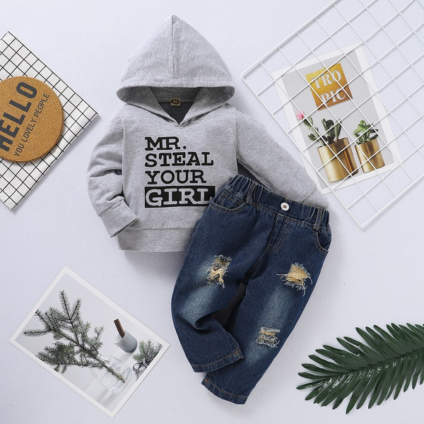 2-piece Baby / Toddler Boy Letter Print Hoodie and Jeans Set