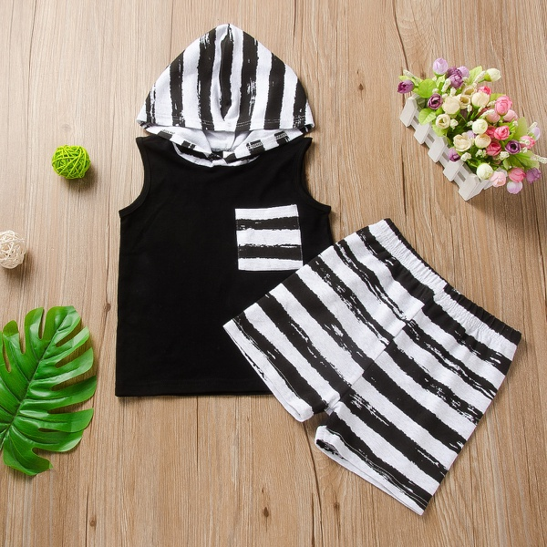 2-piece Baby / Toddler Boy Stylish Striped Hooded Top and Shorts Set