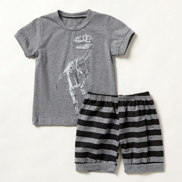 2-piece Baby / Toddler Boy Stylish Dinosaur Print Tee and Striped Shorts Set