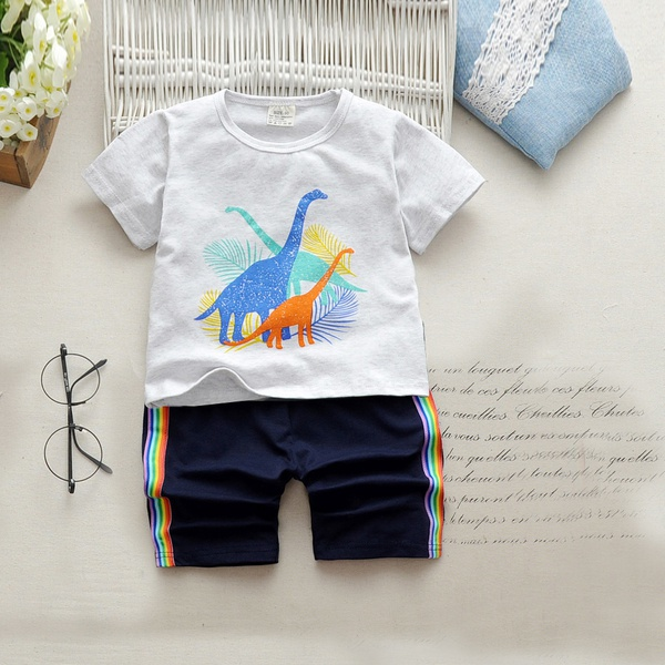 2-piece Baby / Toddler Boy Adorable Dino Print Tee and Striped Shorts Set