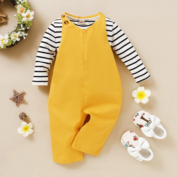 2-piece Baby / Toddler Girl Striped Top and Solid Belted Jumpsuit Set