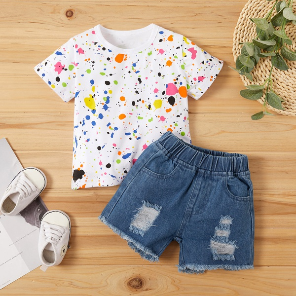 2-piece Baby / Toddler Colorful Splash Print Tee and Denim Shorts Set