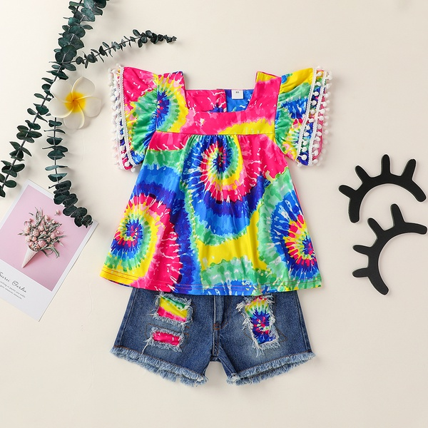 2-piece Baby / Toddler Girl Colorful Tie Dye Top and Denim Shorts Set