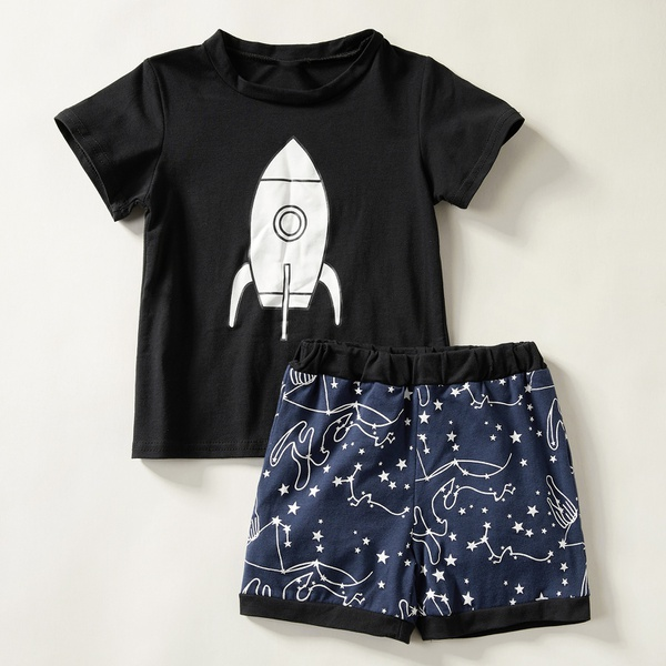 2-piece Baby / Toddler Boy Rocket Print Tee and Cartoon Shorts Set