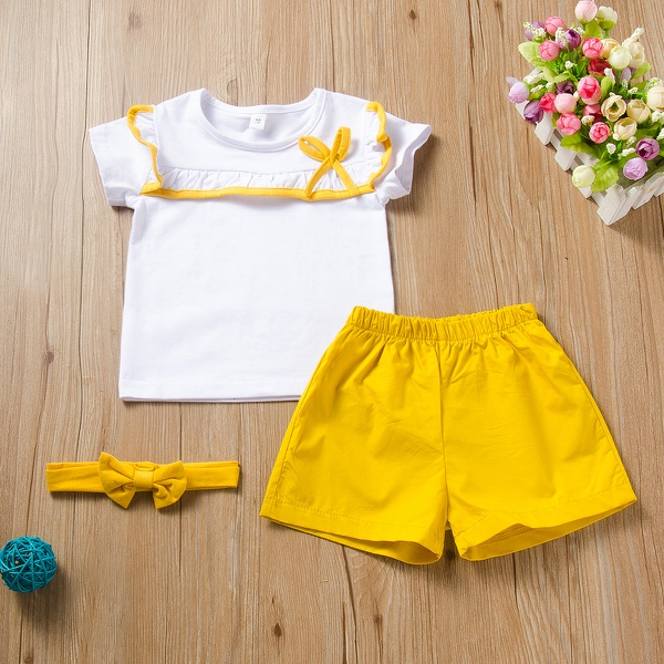 3-piece Toddler Girl Solid Ruffled Top and Shorts with Headband Set