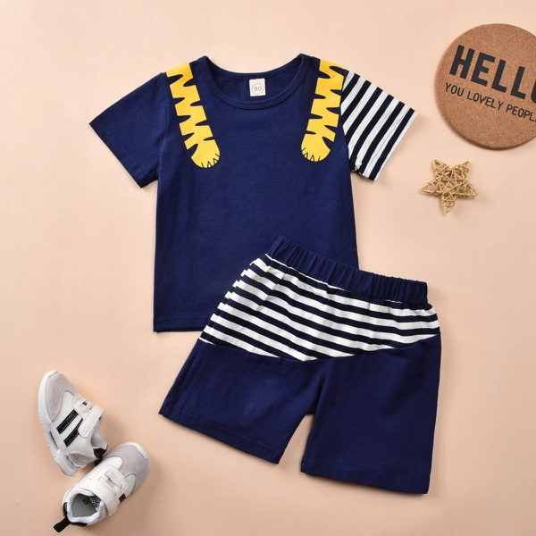 2-piece Toddler Boy Adorable Cat Print Top and Striped Shorts Set