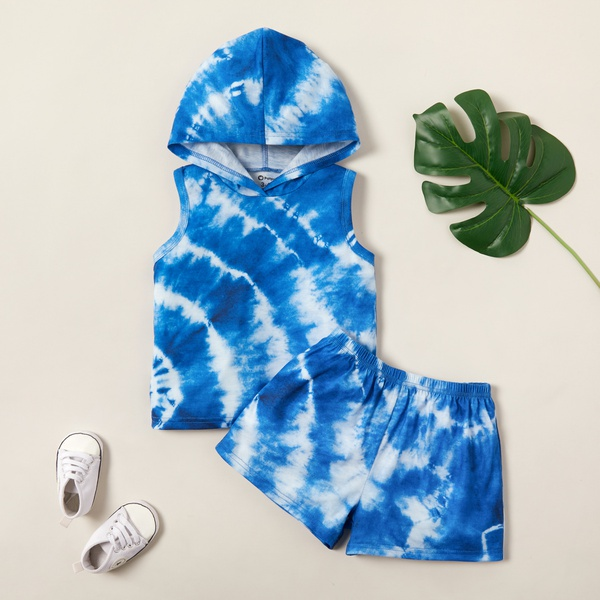 2-piece Toddler Boy Stylish Tie-dye Print Hooded Top and Shorts Set
