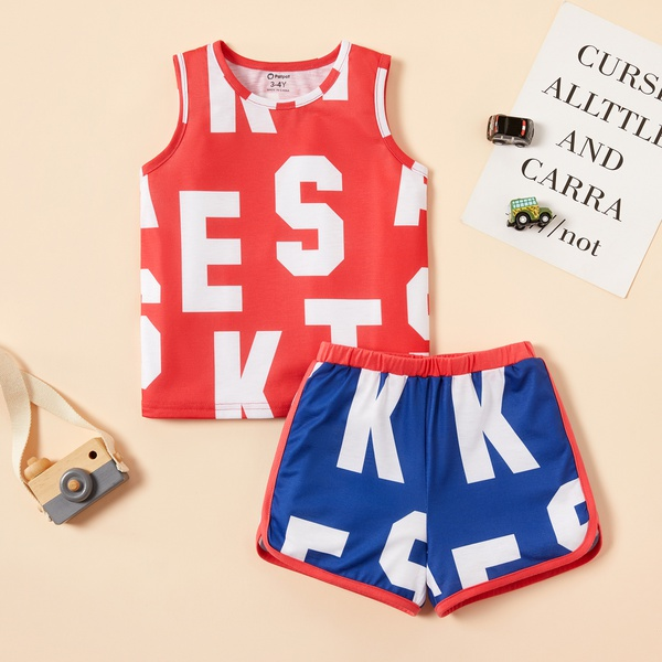 2-piece Toddler Boy Letter Print Sleeveless Red top and Blue Shorts Set