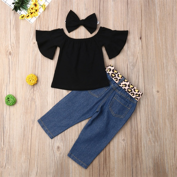 3-piece Baby Solid Flutter-sleeve Off Shoulder Top and Leopard Print Bowknot Nine-minute Jeans Set