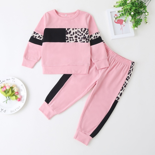 2-piece Baby / Toddler Girl Splice Colorblock Leopard Print Long-sleeve Pullover and Pants Set