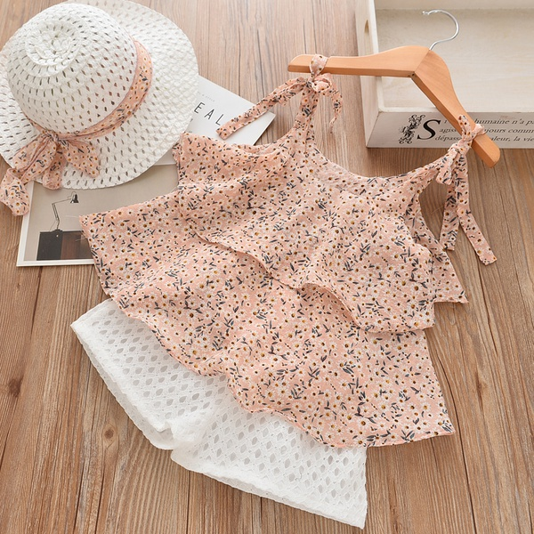 Ruffle Strap Blouse and Shorts and Hat Set