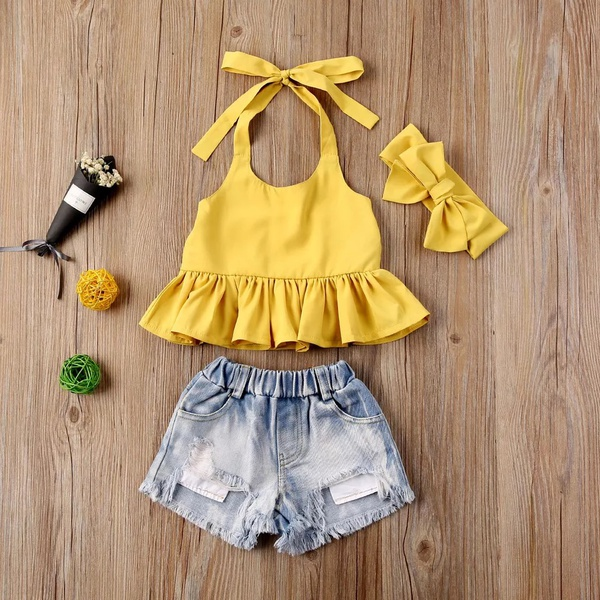 2-piece Baby / Toddler Girl Flounced Sling Solid Top and Denim Shorts Set