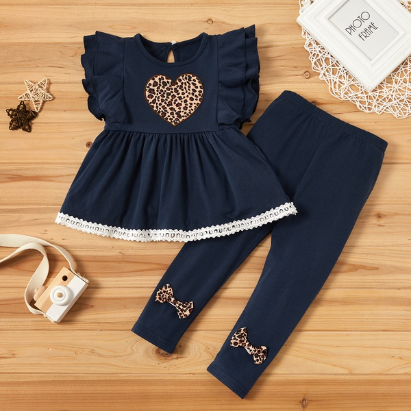 2-piece Baby / Toddler Girl Stylish Leopard Print Heart Top and Bowknot Pants Set