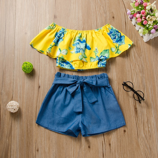 2-piece Baby / Toddler Girl Floral Off Shoulder Top and Solid Shorts Set