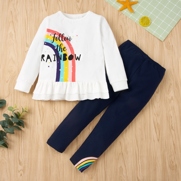 2-piece Baby / Toddler Girl Rainbow Letter Print Ruffle Top and Solid Leggings Set