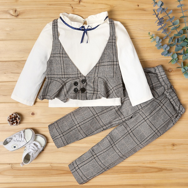 3-piece Baby / Toddler Girl Vintage Classic Long-sleeve Top and Waistcoat and Grid Pants Set