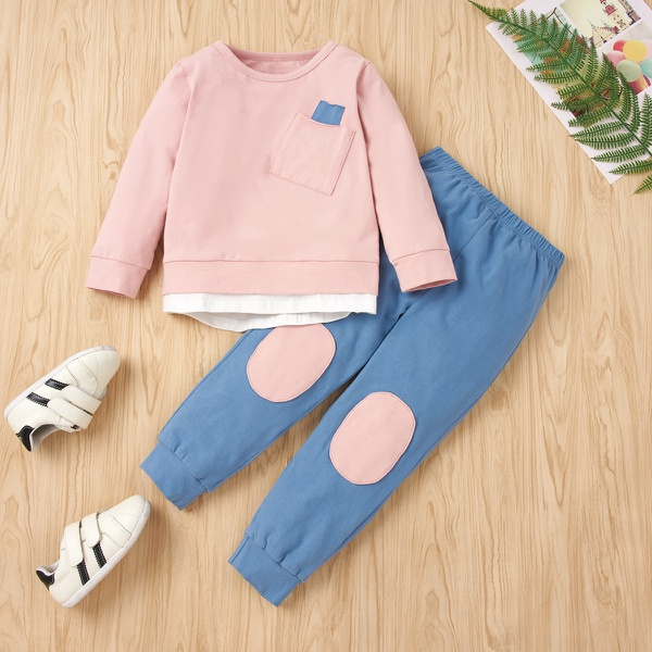 2-piece Baby / Toddler Girl Colorblock Pocket Long-sleeve Pullover and Colorblock Pants Set