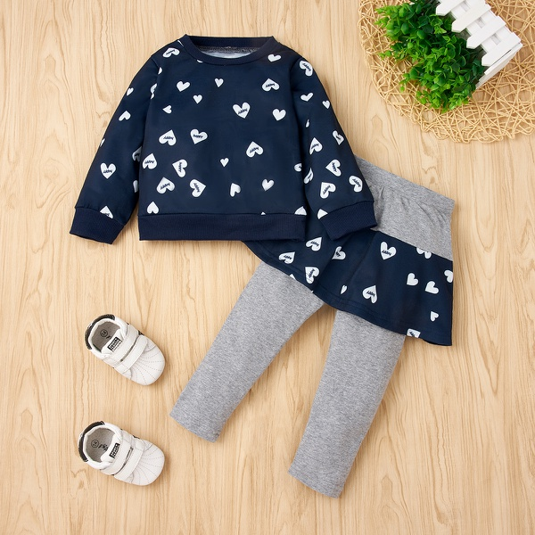 2-piece Baby / Toddler Girl Heart Allover Pullover and Colorblock Skirtleggings Set