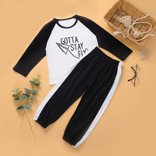 2-piece Baby / Toddler Letter Print Long-sleeve Top and Striped Pants Set