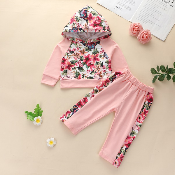 2-piece Baby / Toddler Girl Floral Pattern Hoodie and Floral Pants Set