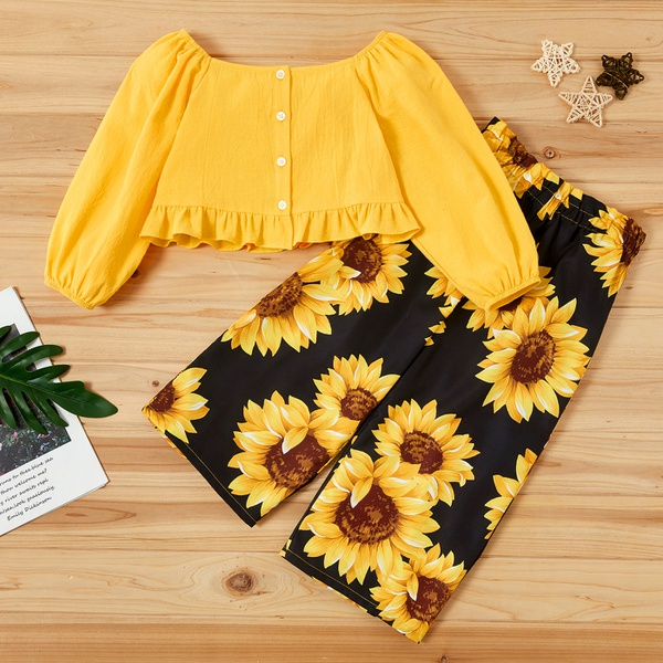 2-Piece Toddler Girl Solid Ruffle Top and Sunflower Pattern Pants Set