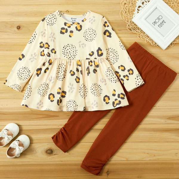 2-piece Toddler Girl Leopard Pattern Polka dots Ruffle Long-sleeve Top and Solid Pants Set