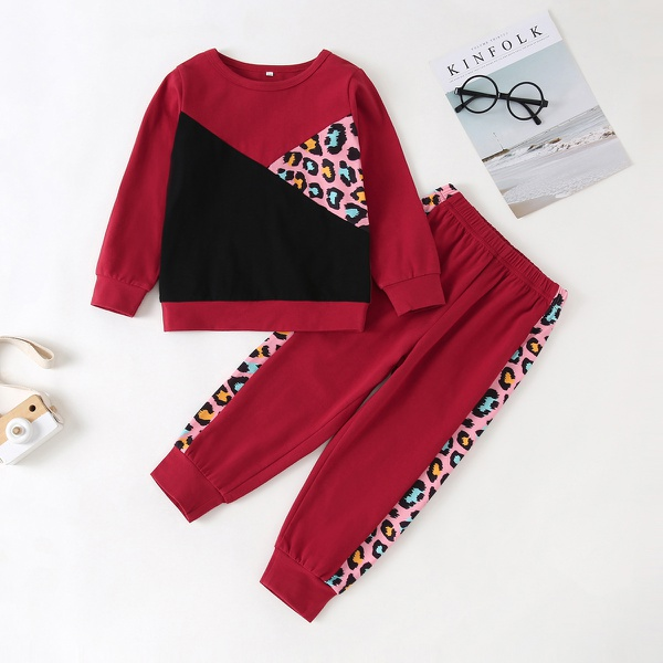 2-piece Baby / Toddler Girl Leopard Pattern Colorblock Long-sleeve Pullover and Leopard Pattern Pants Set