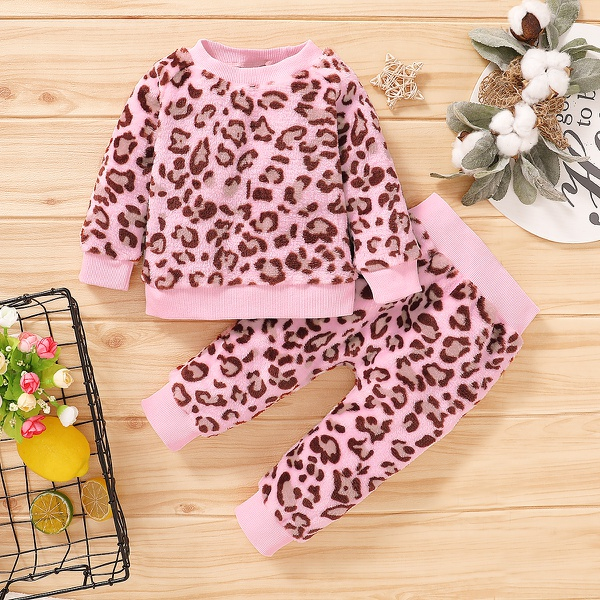 2-piece Baby / Toddler Girl Leopard Print Fluff Long-sleeve Top and Pants Set