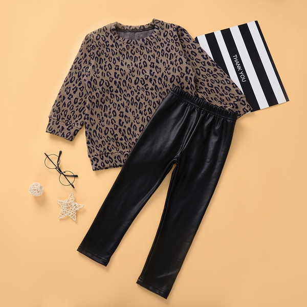 2-piece Baby / Toddler Girl Leopard Print Long-sleeve Top and Leather Pants