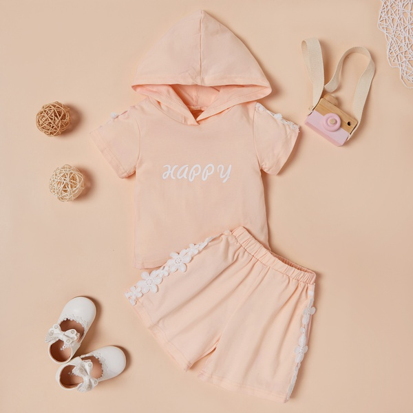 2-piece Baby / Toddler Girl Lace Letter Decor Hooded Short-sleeve Top and Shorts Set