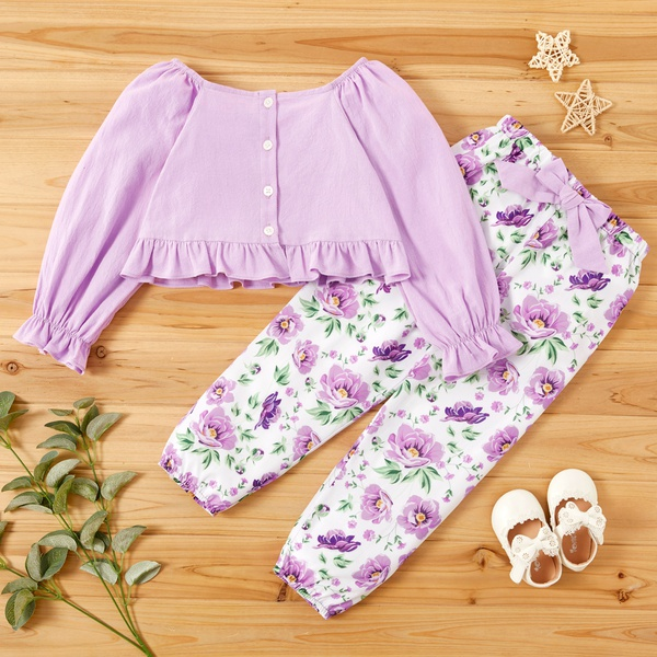 2-piece Toddler Girl Solid Ruffled Long-sleeve Top and Floral Pants Set