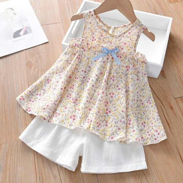 2-piece Baby / Toddler Girl Bowknot Floral Sleeveless Top and Solid Shorts Set
