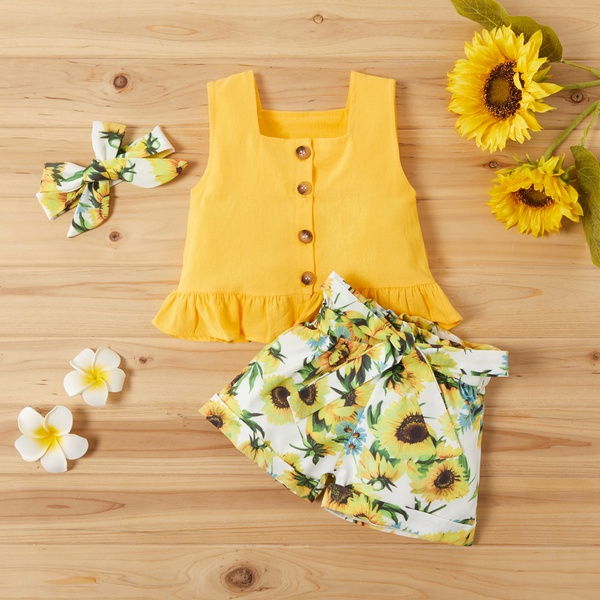 3-piece Baby / Toddler Girl Casual Solid Top and Sunflower Shorts with Headband Set
