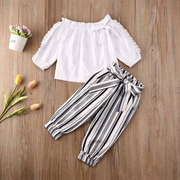 2-piece Baby / Toddler Girl Flounced Off Shoulder Solid Top and Striped Pants Set